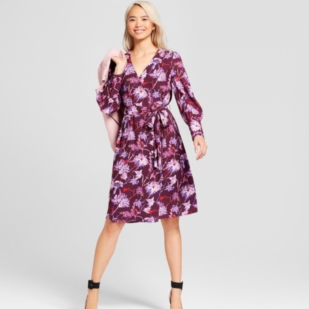 Who What Wear purple floral wrap dress sz S